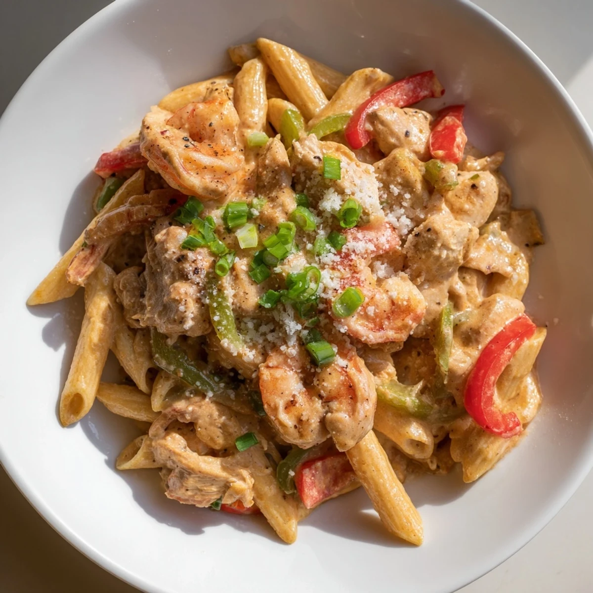 A hearty serving of Spicy Jambalaya Pasta with Chicken and Shrimp, garnished with green onions and parsley, ready to enjoy.