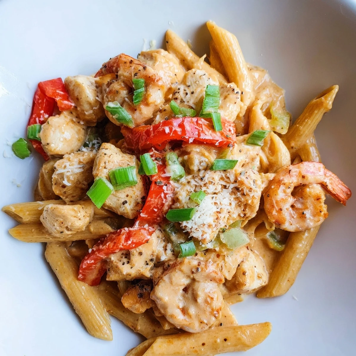Spicy Jambalaya Pasta with Chicken and Shrimp plated with a fork, showcasing succulent shrimp and tender chicken in a rich sauce.