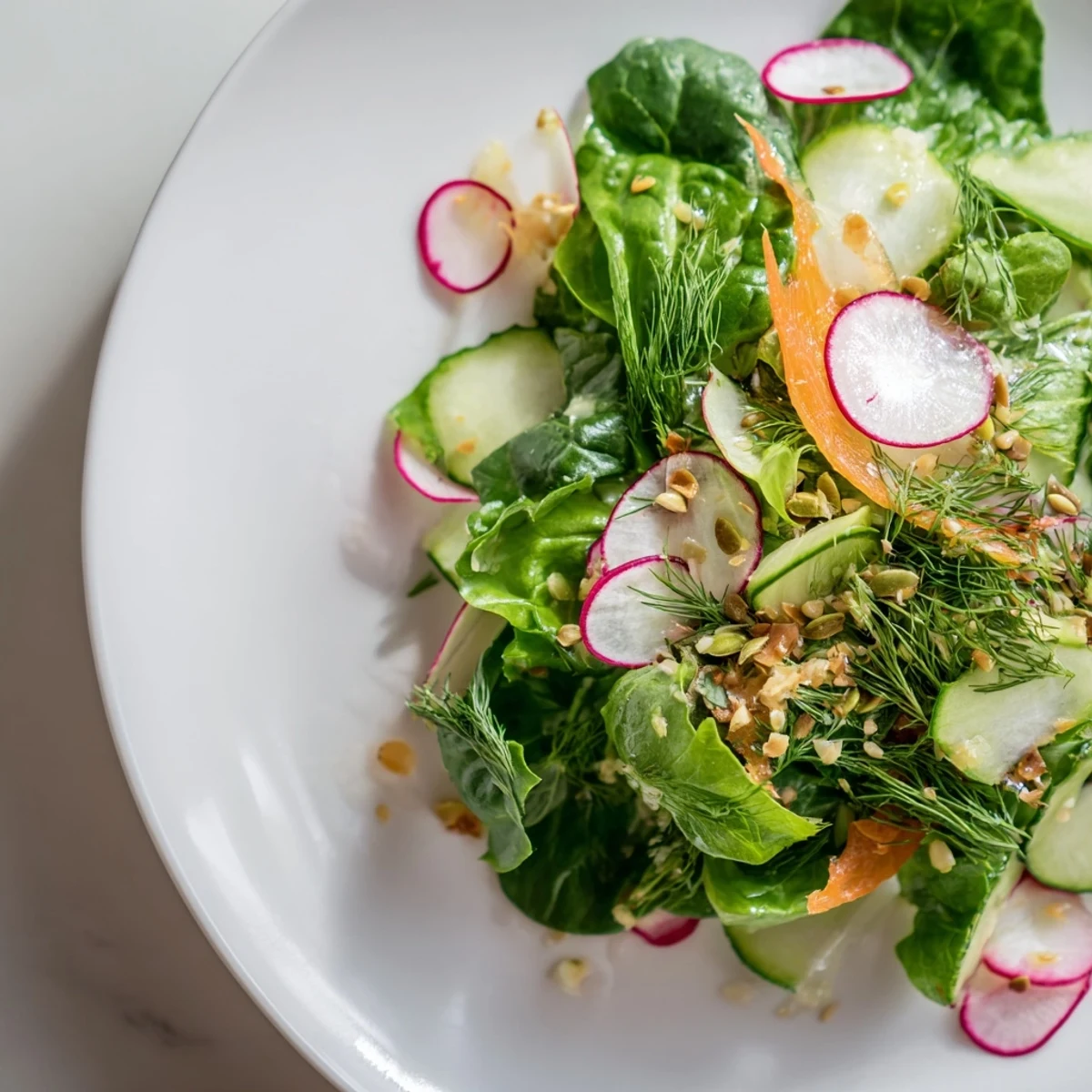 Vibrant Spring Garden Salad with Radishes and Cucumber arranged in a rustic bowl, featuring crisp greens, bright pink radish slices, and refreshing cucumber ribbons. 