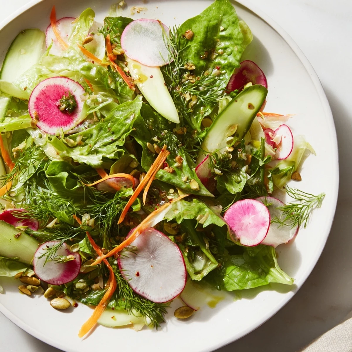 A close-up of the Spring Garden Salad with Radishes and Cucumber, highlighting glistening olive oil and lemon dressing over tender greens and crunchy vegetable slices. 
