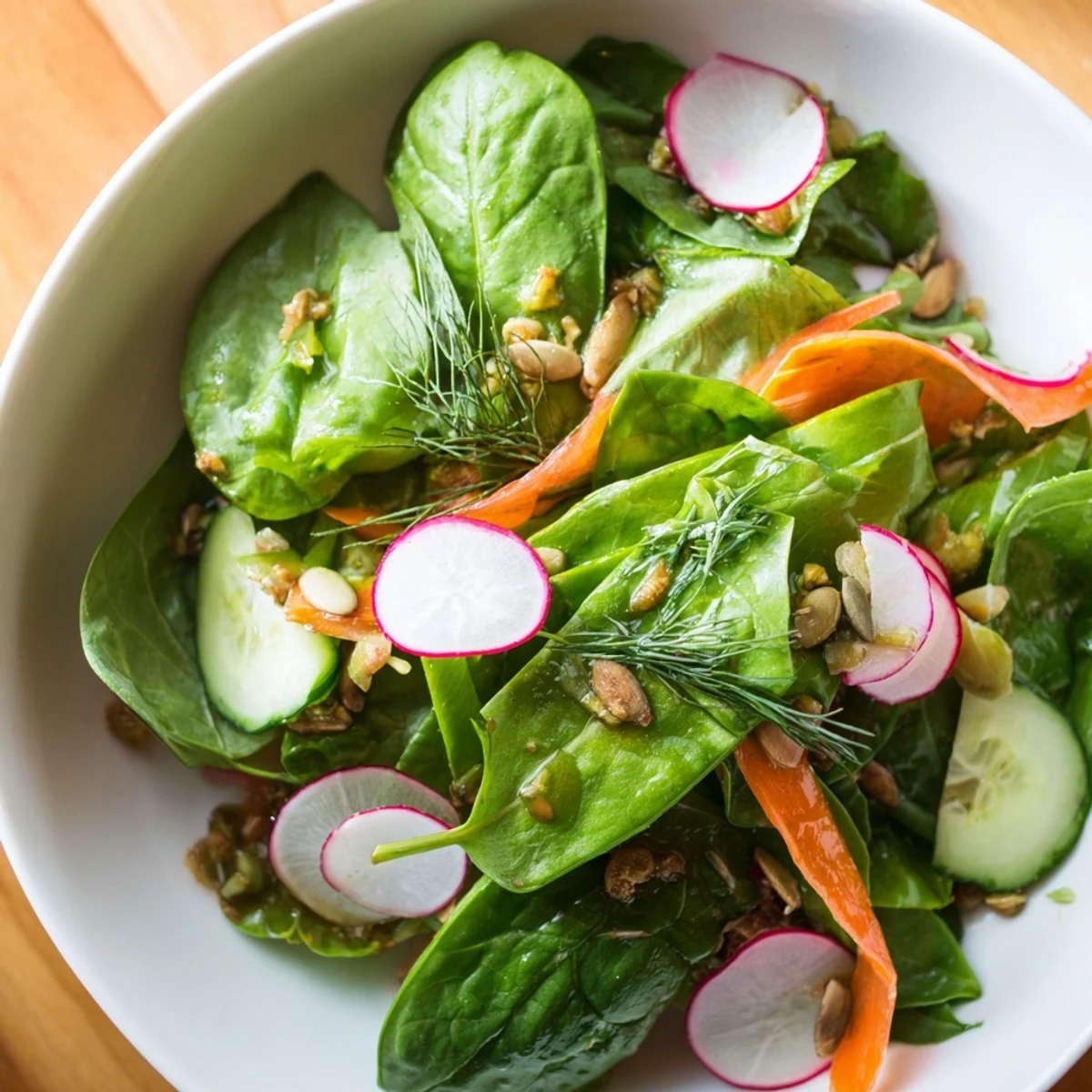 Plated Spring Garden Salad with Radishes and Cucumber, garnished with fresh dill and toasted sunflower seeds, served as a light, vegetarian side dish.