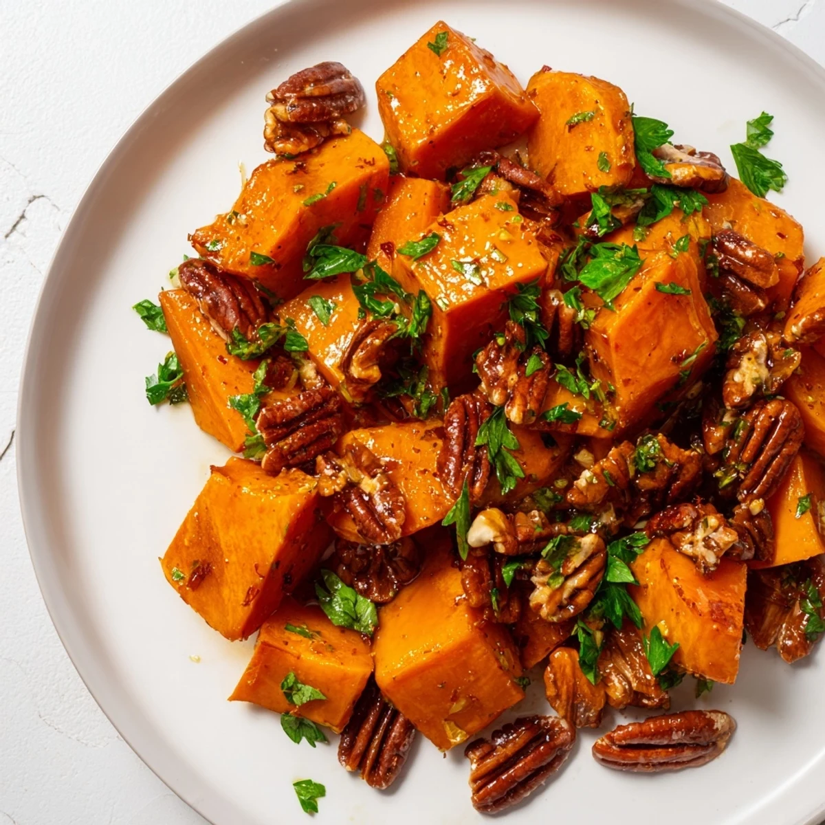 Golden-brown roasted sweet potatoes with maple glaze and toasted pecans, served warm in a rustic bowl.