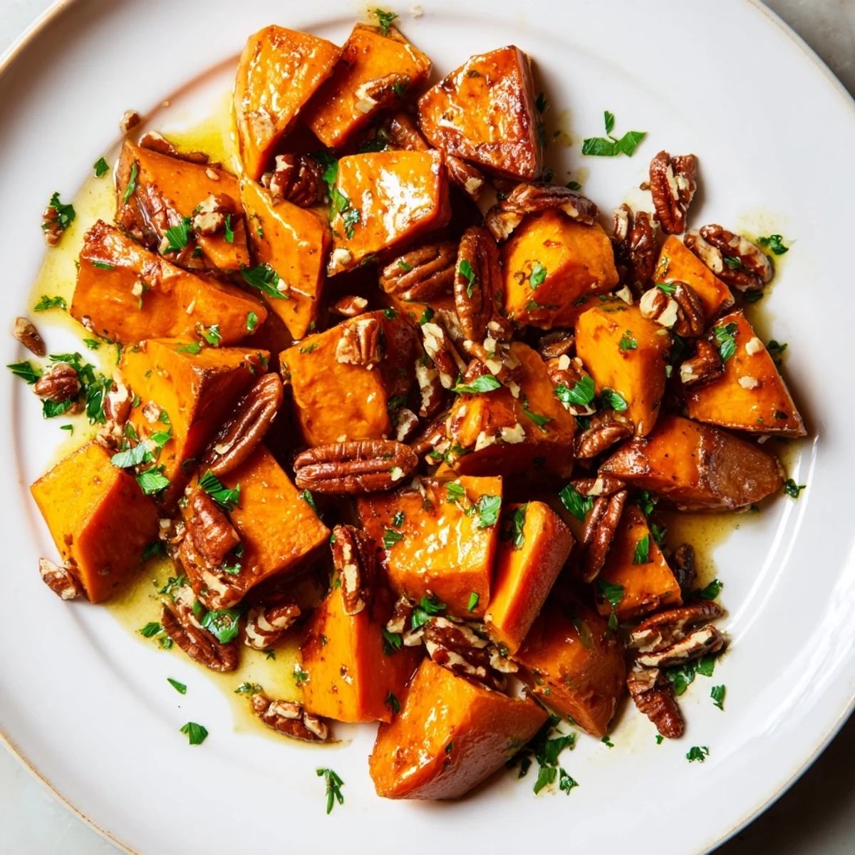 Roasted sweet potatoes with maple and pecans, a caramelized side dish with aromatic cinnamon and olive oil glaze.