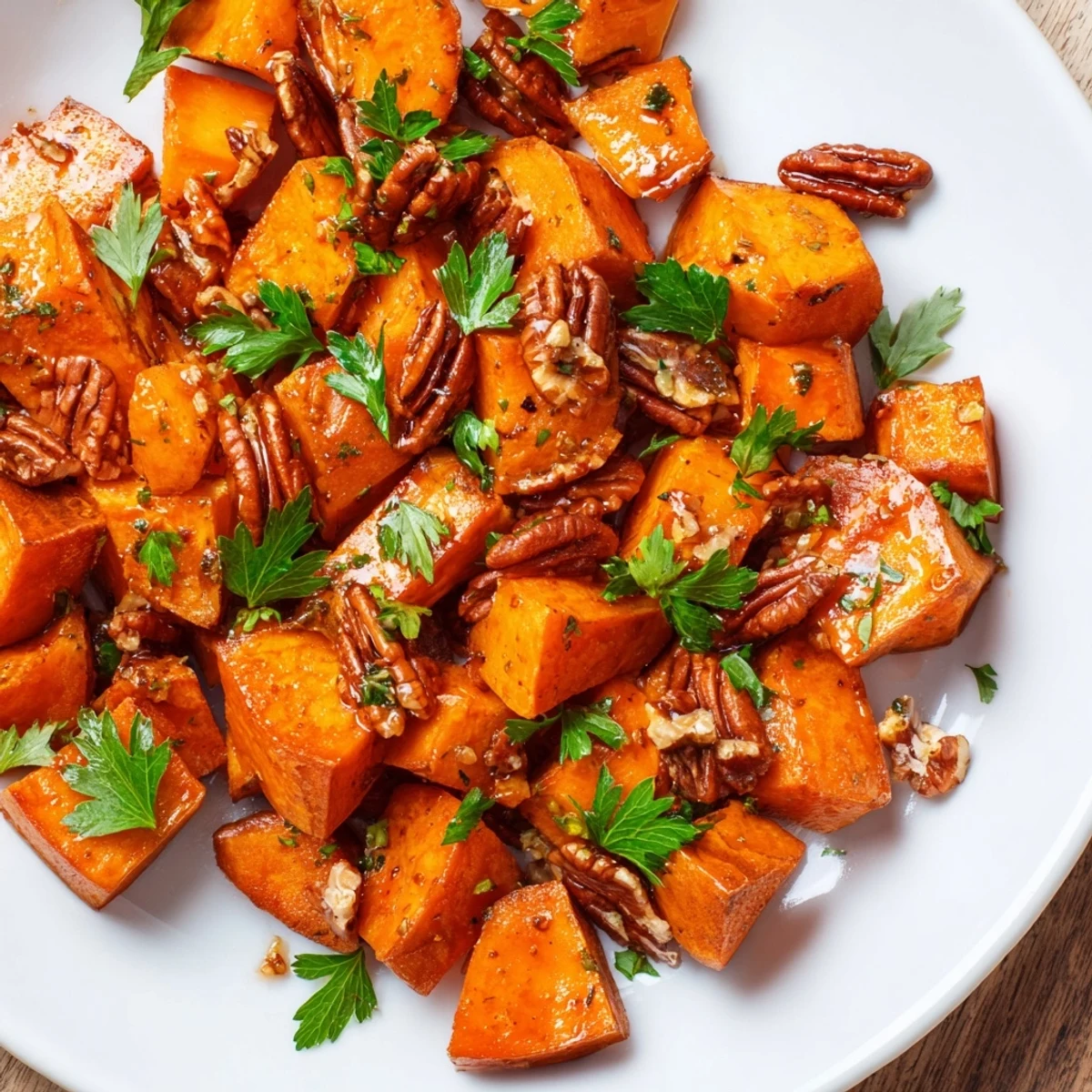 Sweet roasted sweet potatoes with maple and pecans, garnished with fresh parsley and perfect for a holiday meal.
