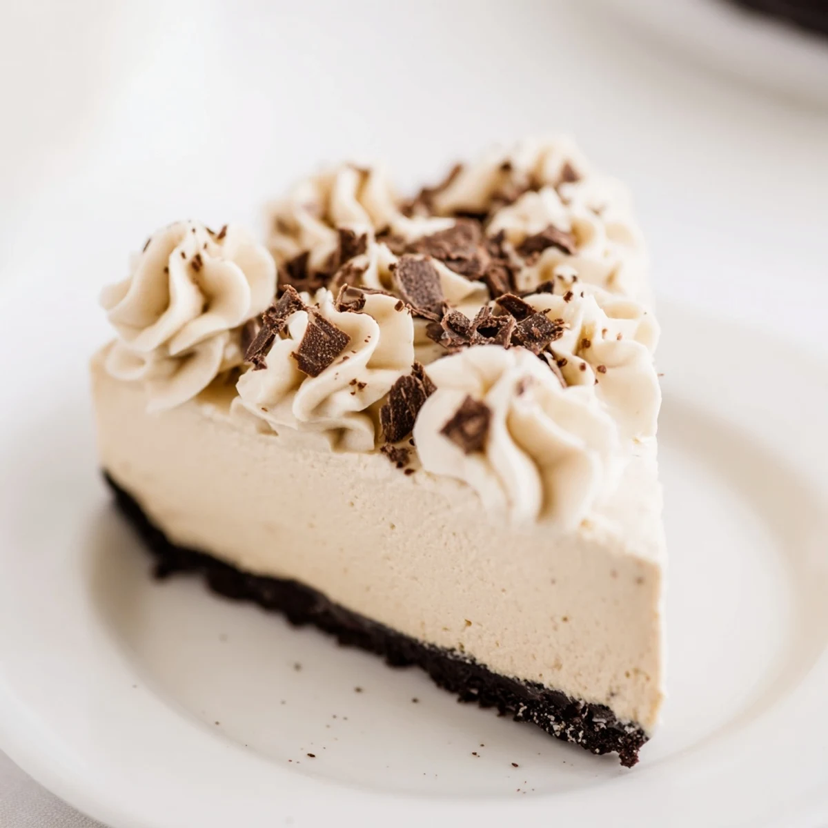A slice of homemade Irish Cream Cheesecake on a plate, topped with a swirl of whipped cream and chocolate shavings.