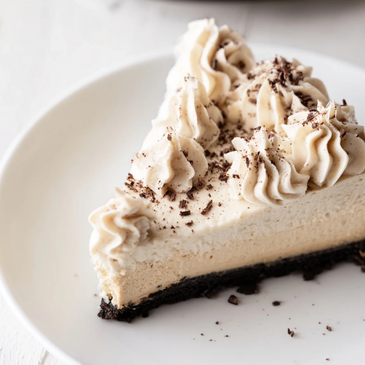 Freshly chilled Irish Cream Cheesecake garnished with cocoa powder, ready to be served as an elegant dessert.