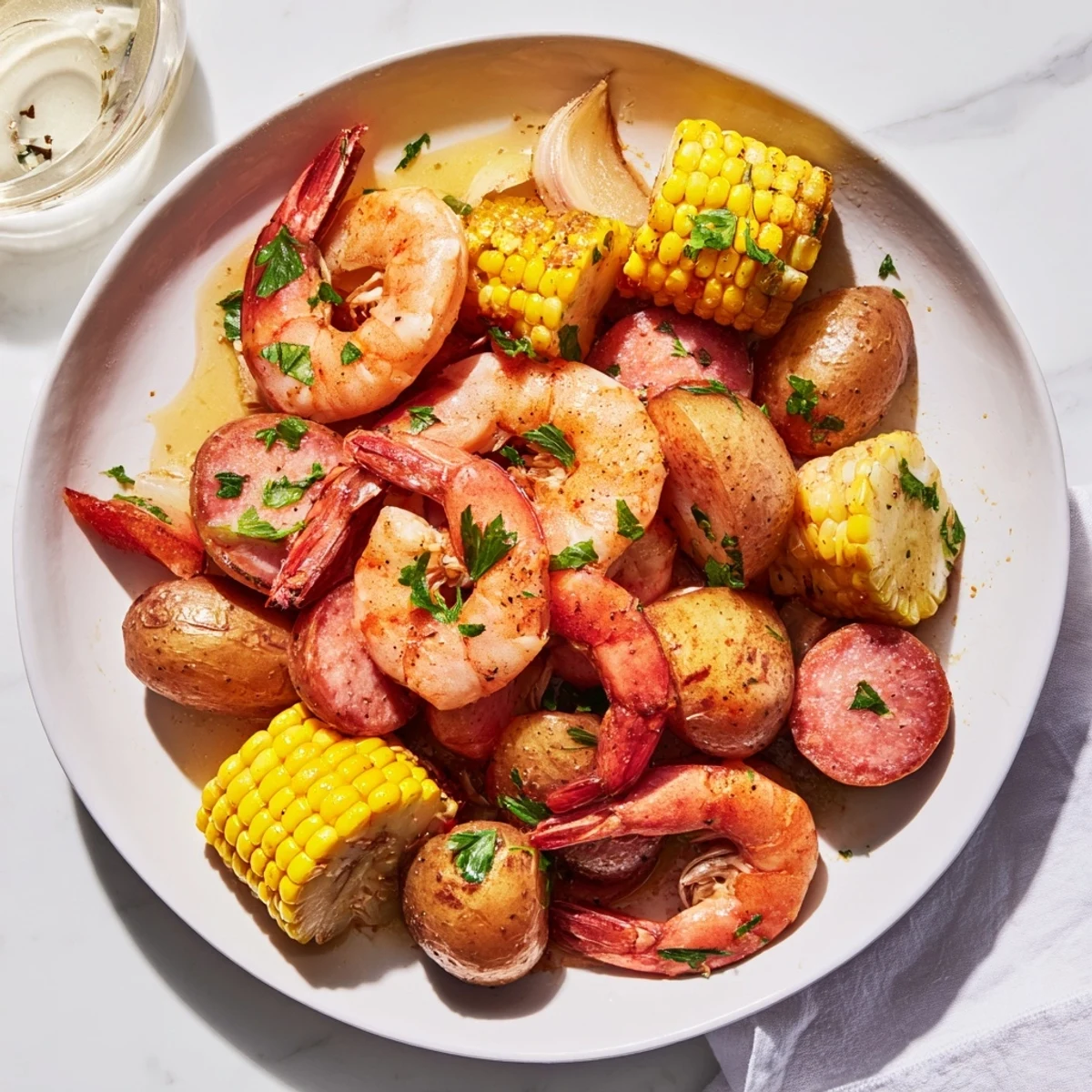Cajun Shrimp Boil with Corn and Potatoes features pink shrimp, golden corn, and tender potatoes piled high on a newspaper-lined table.  