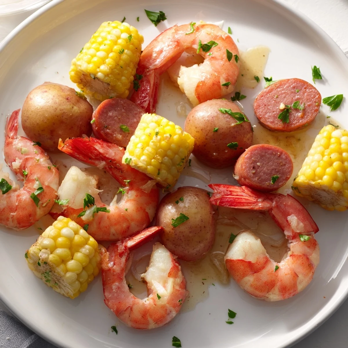 Hearty Cajun Shrimp Boil with Corn and Potatoes served steaming and glistening with butter, dotted with smoky andouille sausage.  