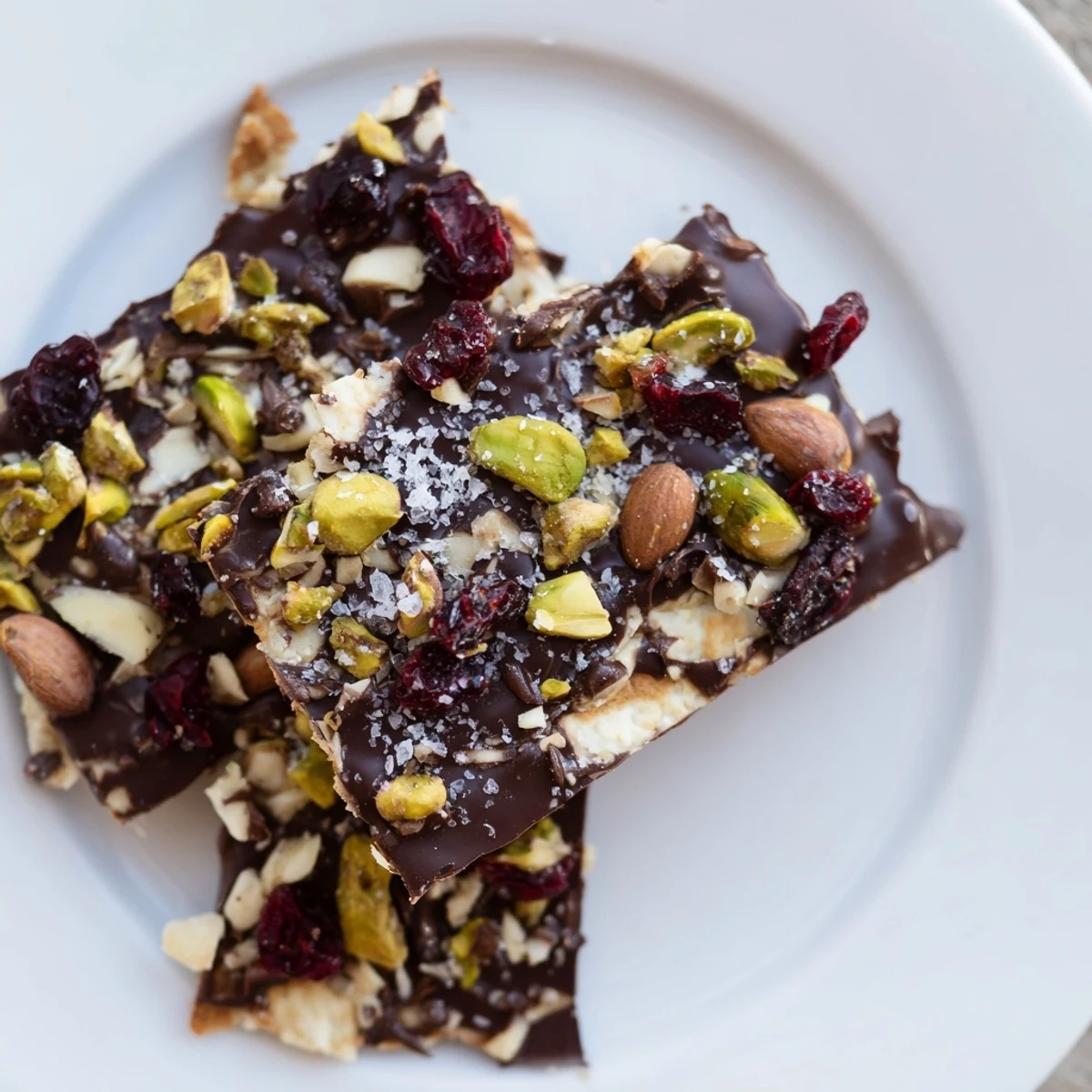 Crunchy chocolate covered matzo pieces topped with chopped toasted almonds and dried cranberries, ready for Passover dessert.