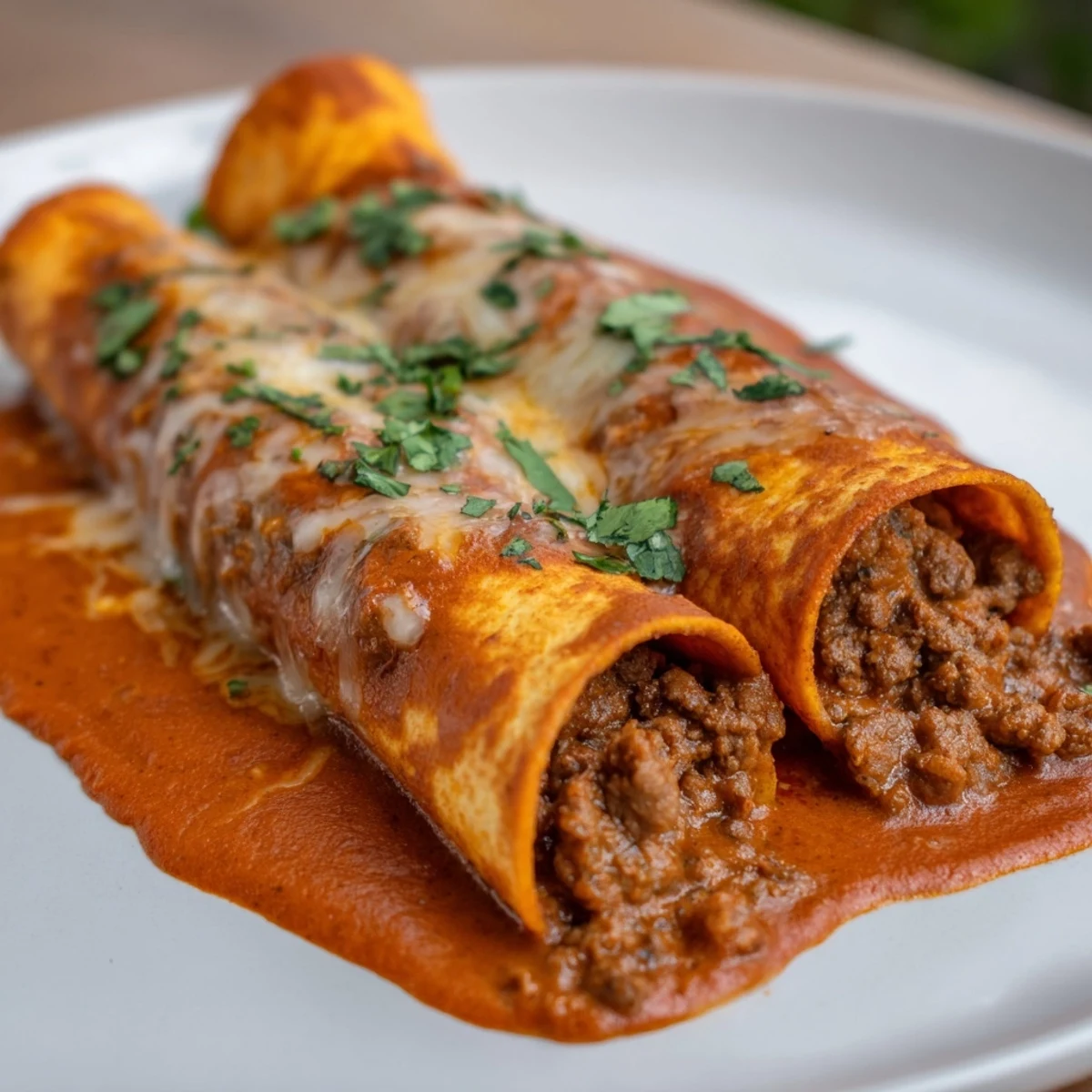 A close-up of Beef Enchiladas with Homemade Red Sauce, served hot with a side of sour cream and lime wedges.