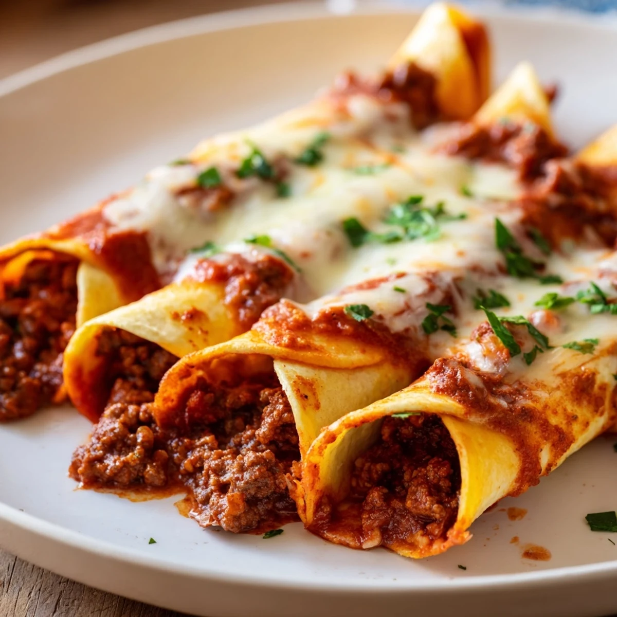 Sizzling ground beef filling wrapped in soft corn tortillas, smothered in a rich, crimson Homemade Red Sauce and cheese.