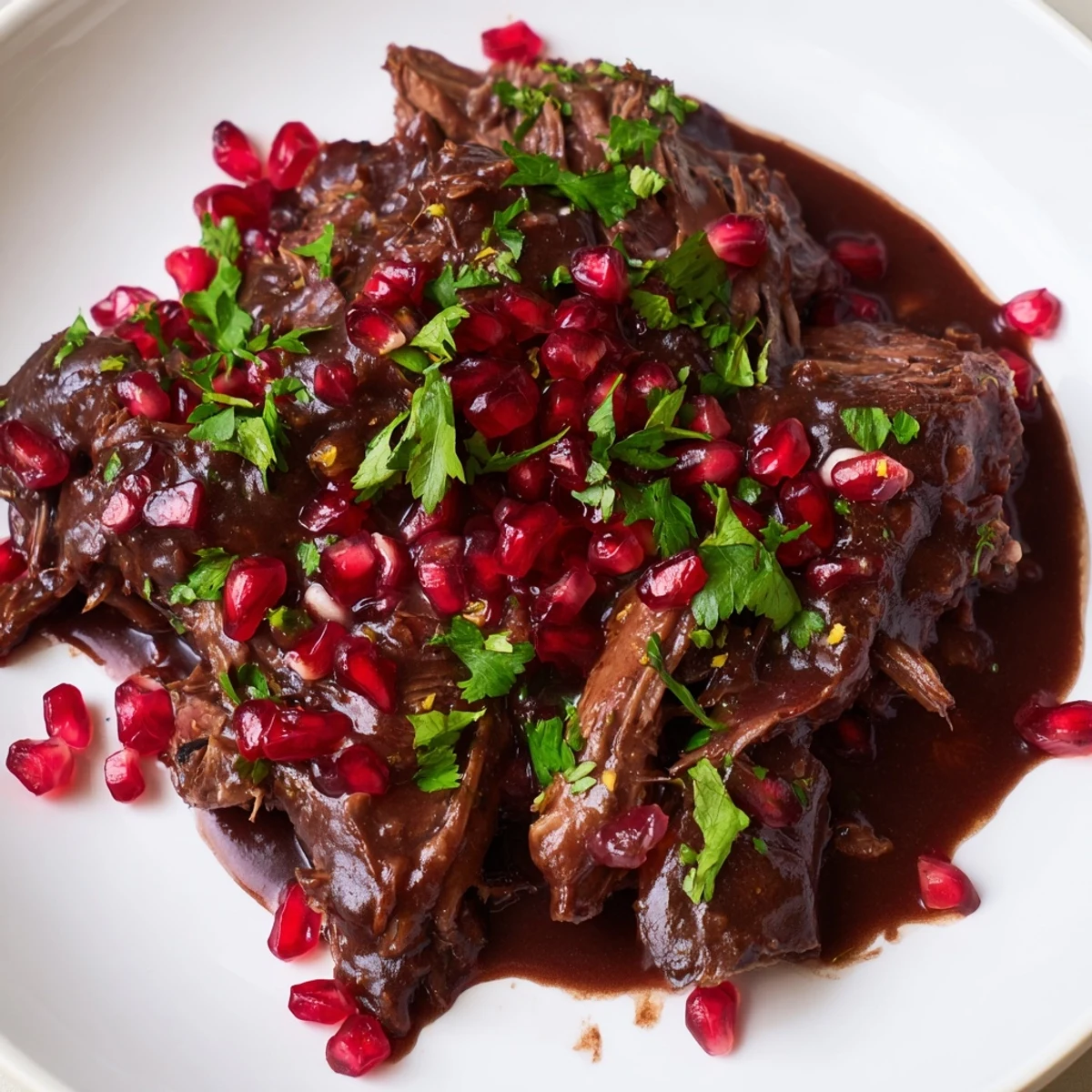 A close-up of braised lamb shoulder with pomegranate, garnished with parsley and lemon zest beside a serving bowl.