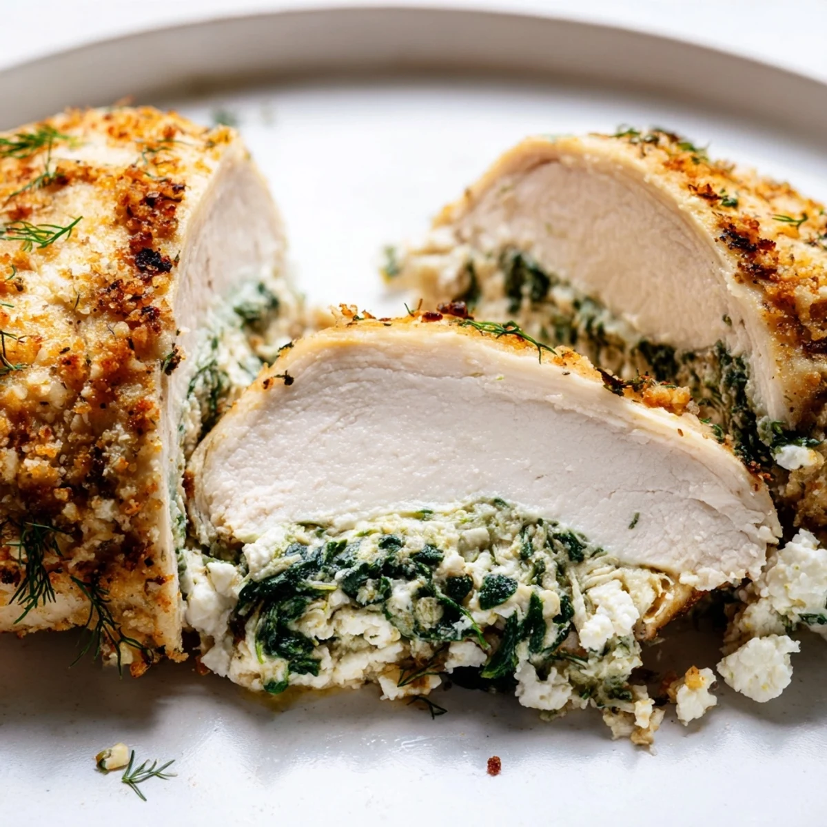 Golden-brown stuffed chicken breast with spinach and feta cheese, resting on a white plate ready to serve.  