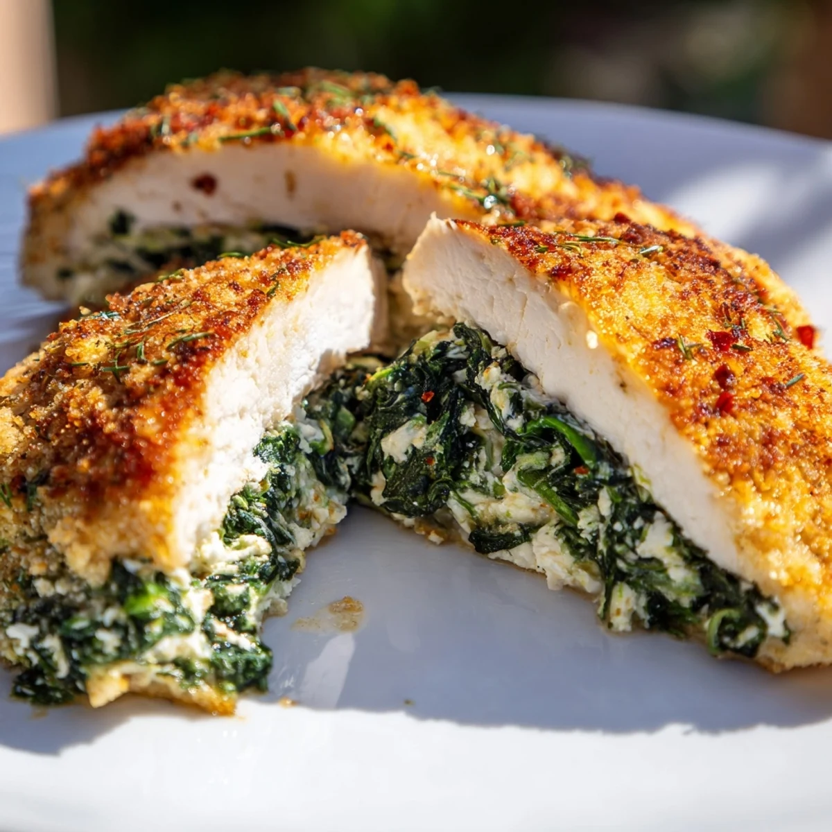 Spinach and feta stuffed chicken breast garnished with fresh dill, served alongside roasted vegetables.