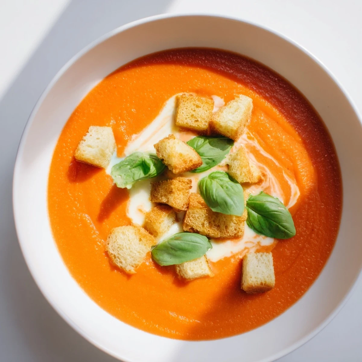 Creamy Tomato and Basil Soup with Croutons ladled into a rustic bowl, garnished with fresh basil and golden, crunchy croutons.
