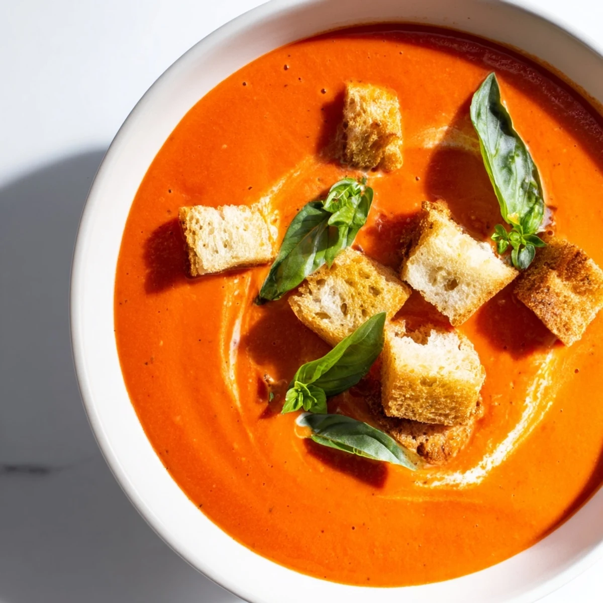 Velvety Creamy Tomato and Basil Soup with Croutons, finished with a drizzle of olive oil and cracked black pepper.