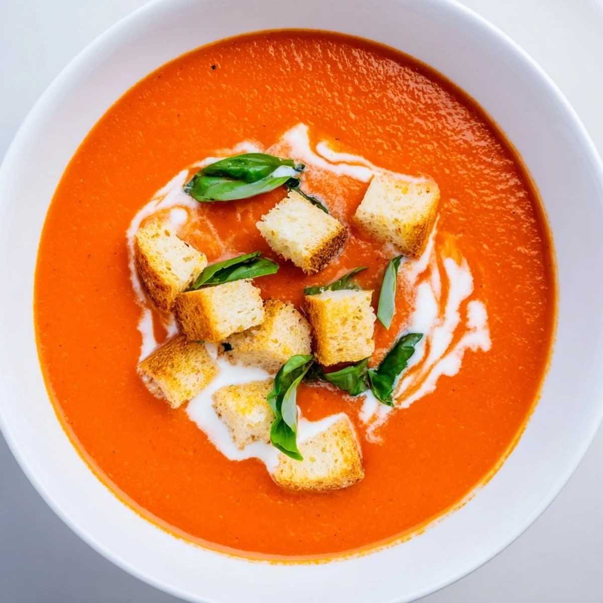 Steaming Creamy Tomato and Basil Soup with Croutons topped with fresh basil, served alongside a slice of crusty bread.
