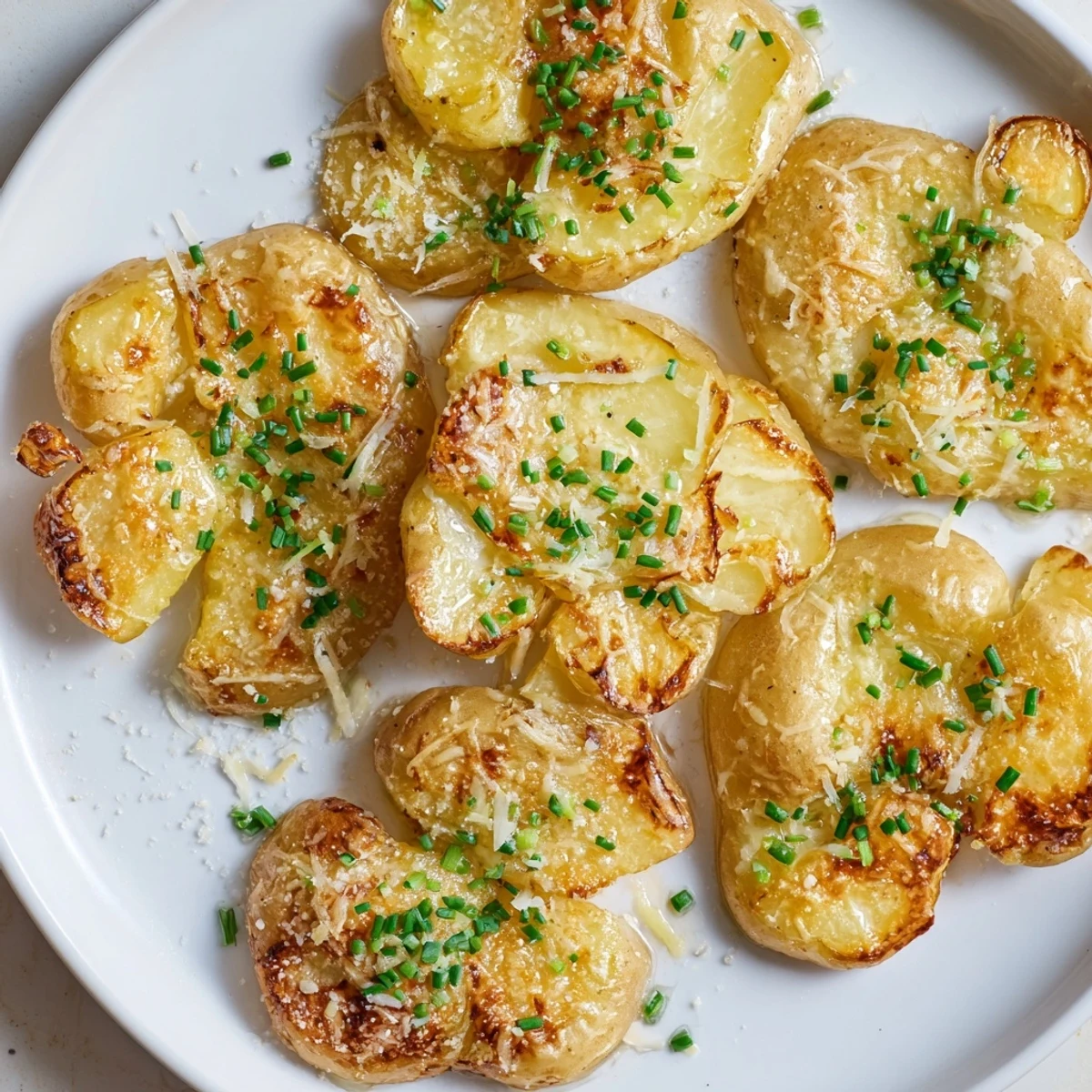 Golden, crispy smashed potatoes topped with melted Parmesan and fresh green chives.