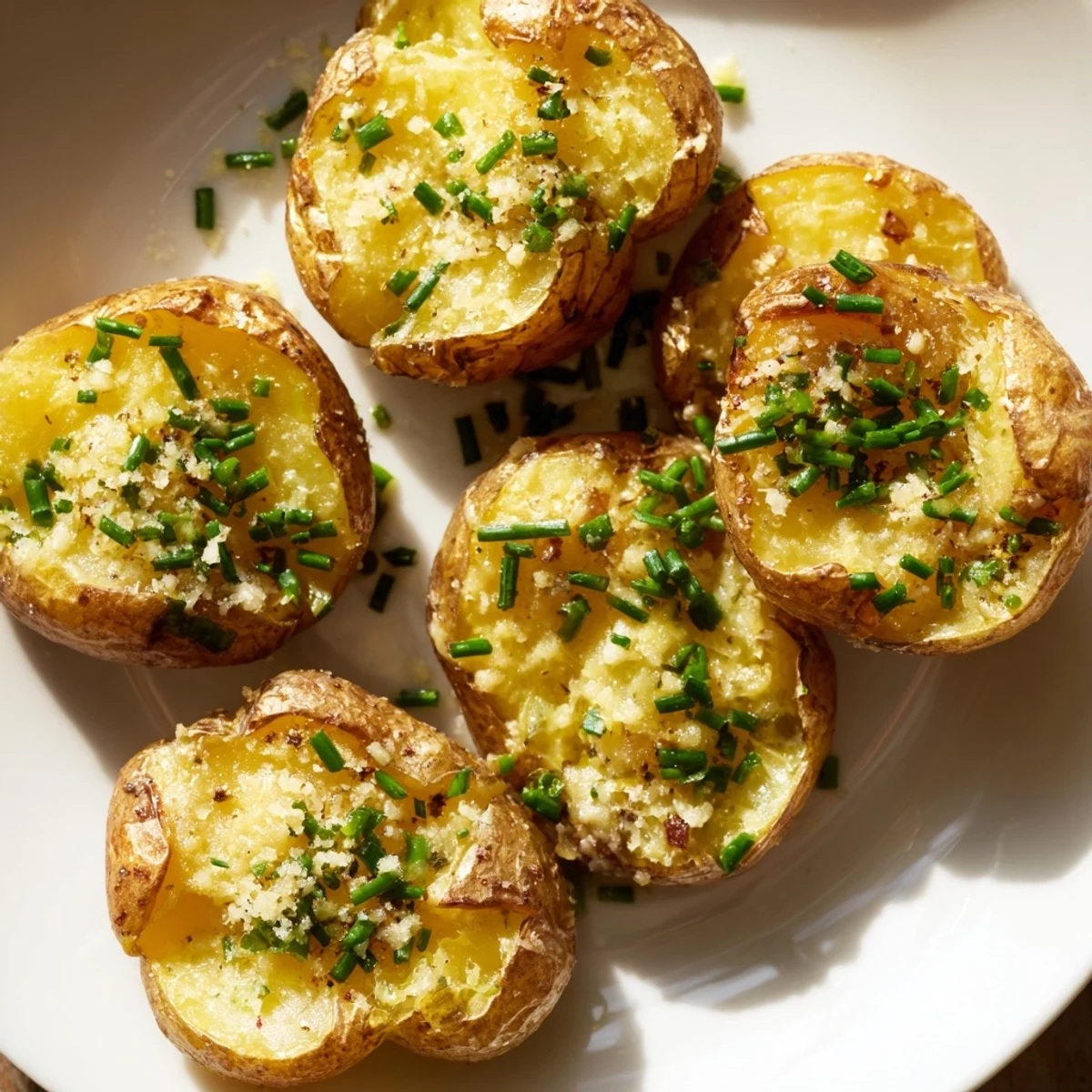 Savory garlic butter glistens on fluffy smashed potatoes, perfect for a holiday side.
