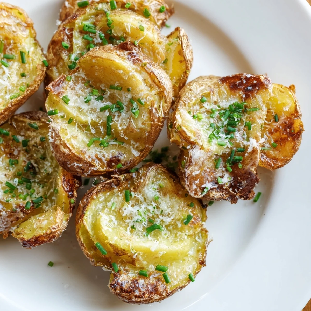 Oven roasted Garlic Parmesan Smashed Potatoes with Chives served hot on a rustic plate.
