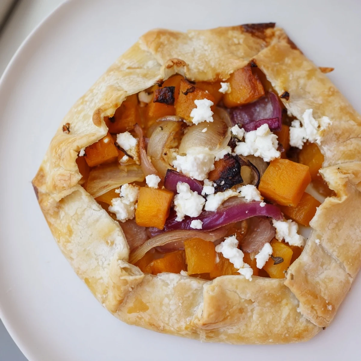 A close-up of the roasted butternut squash and apple galette with a golden, flaky crust and caramelized filling.
