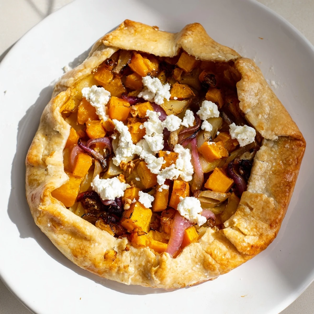 In a U.S. kitchen, this roasted butternut squash and apple galette displays tender squash and sliced apples.