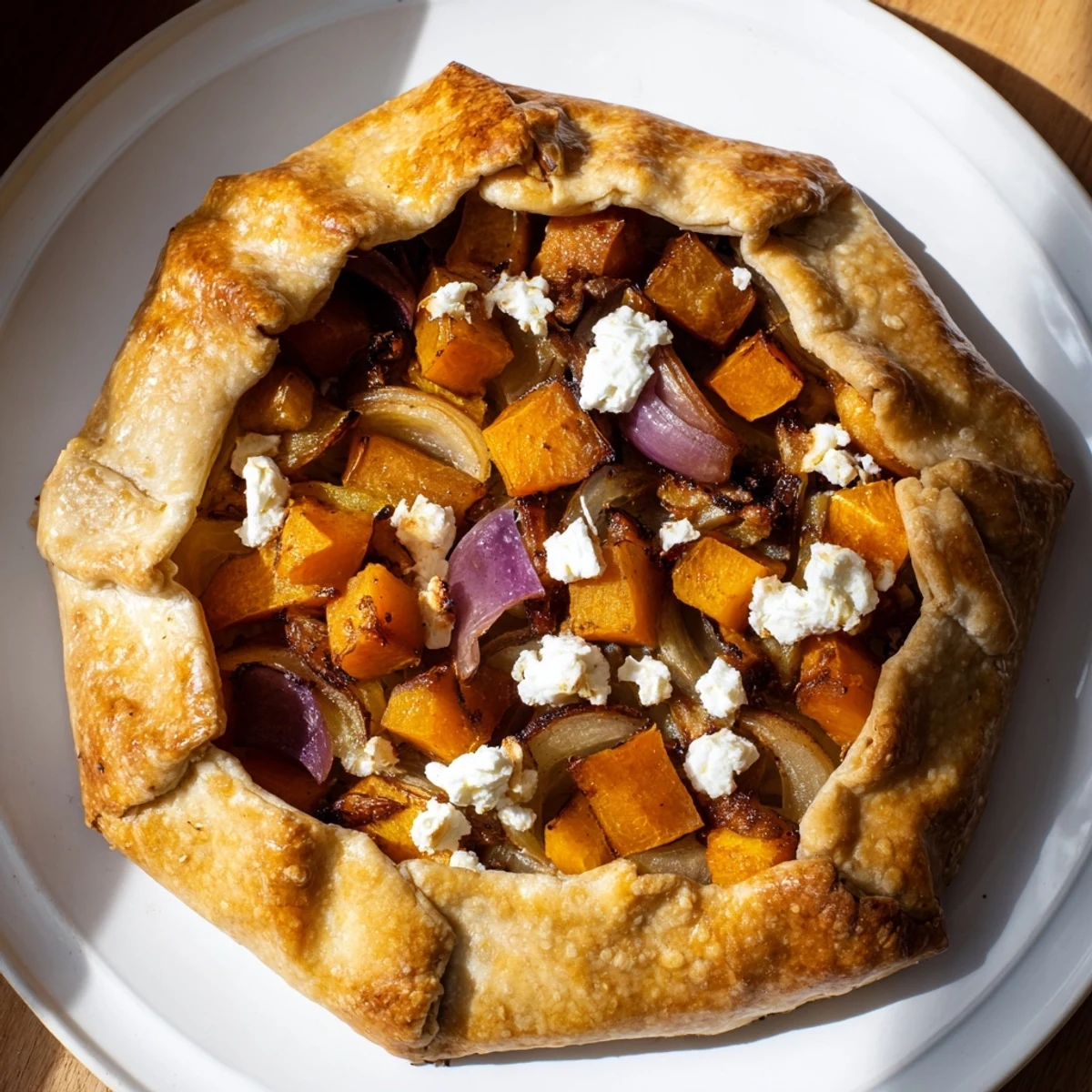 Fresh from the oven, this roasted butternut squash and apple galette rests on a rustic wooden table.