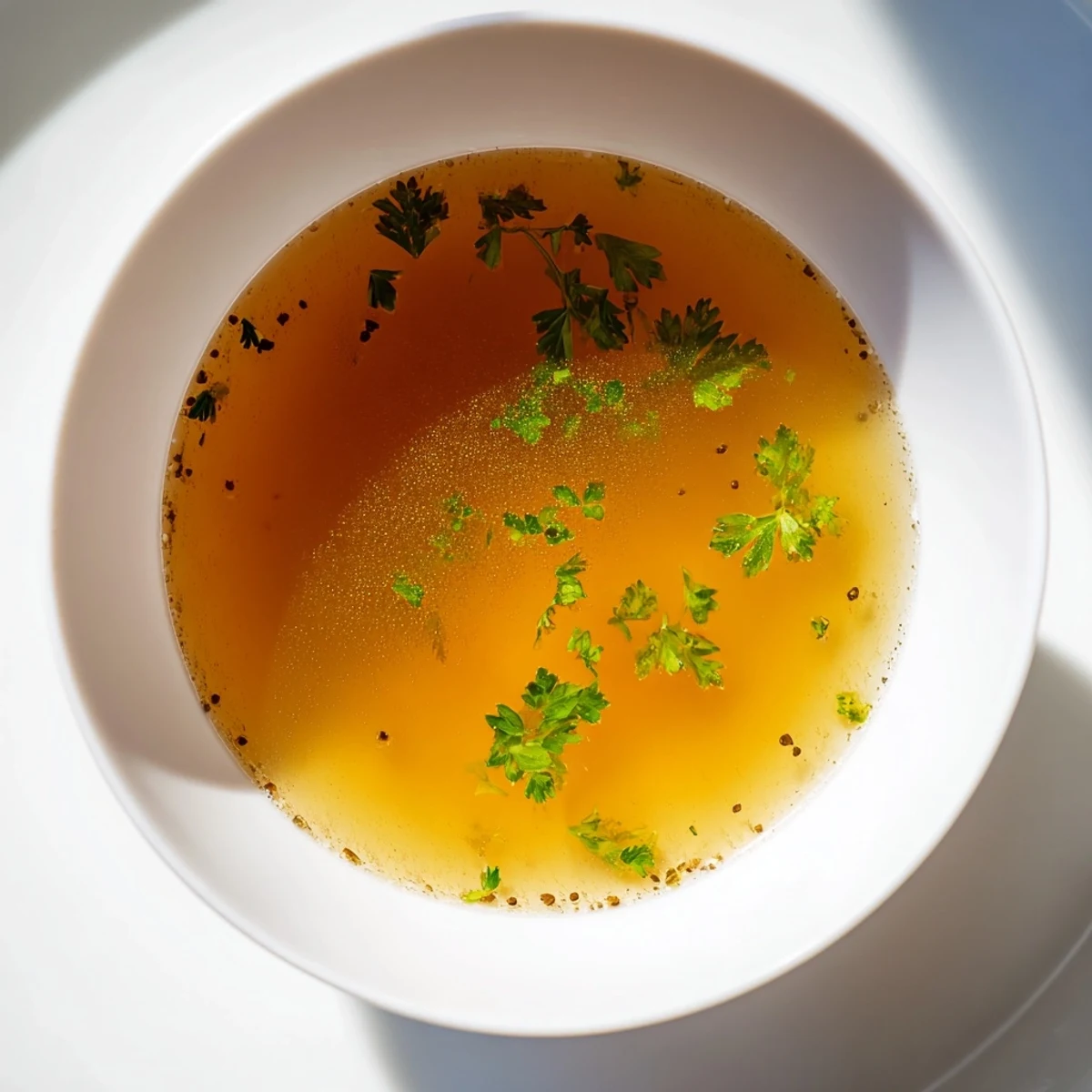 A clear glass bowl holds the finished homemade vegetable broth with fresh herbs, showing a golden liquid and specks of parsley.  