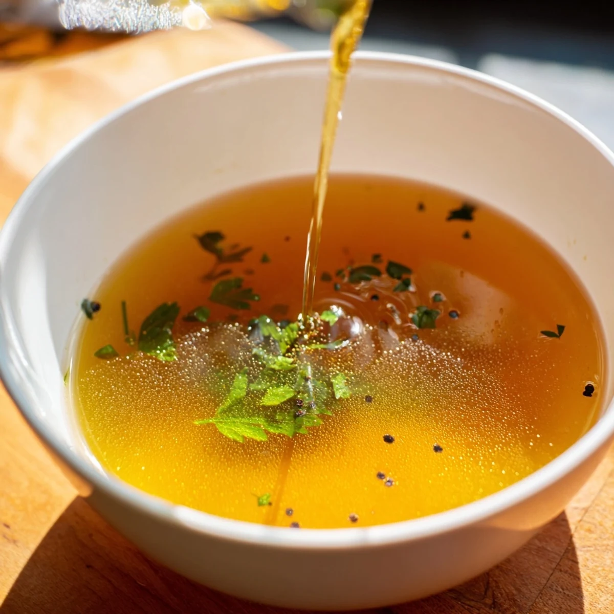 Bright orange carrots and green celery float in the aromatic homemade vegetable broth with fresh herbs inside a white pot.  