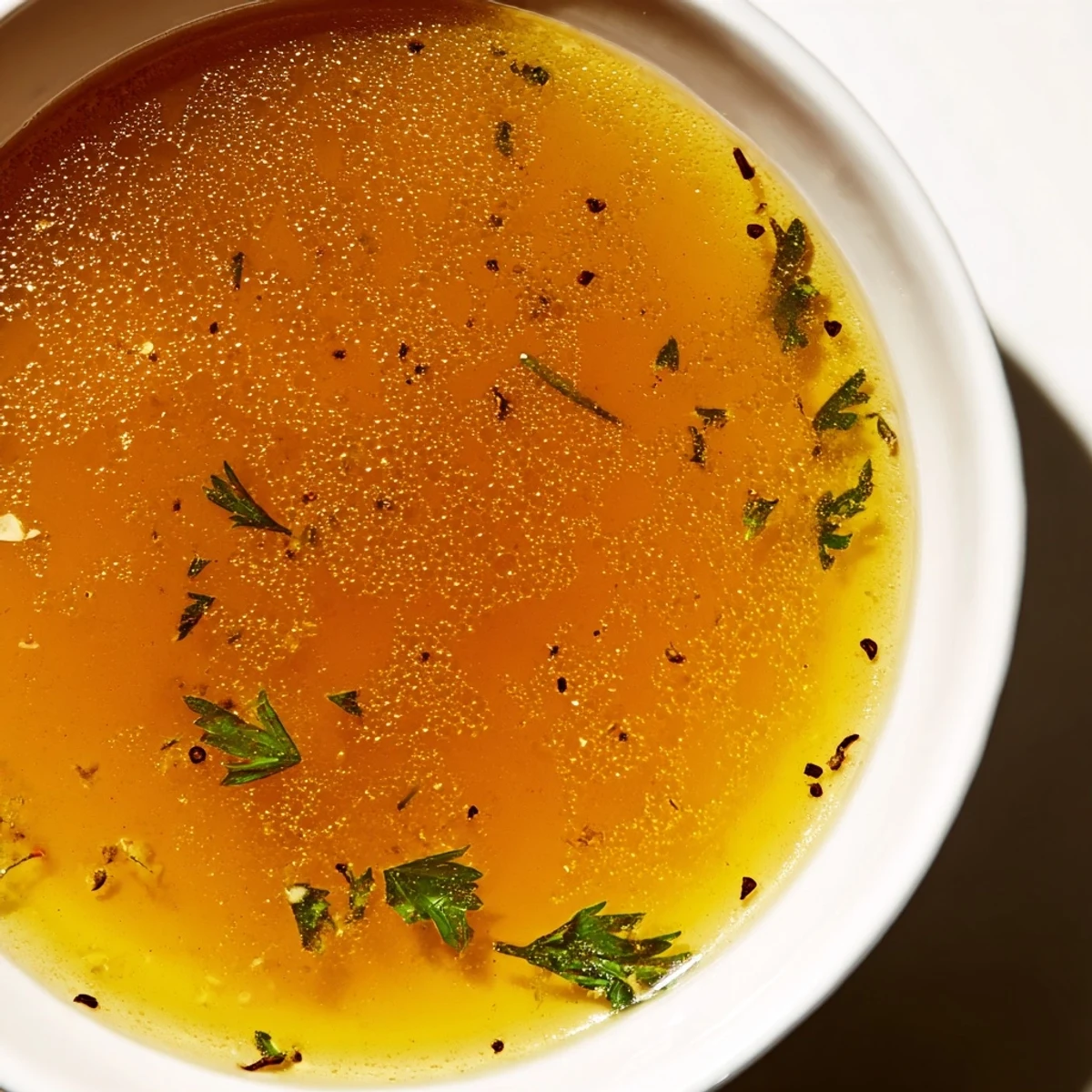 Steam rises from a ladle pouring the homemade vegetable broth with fresh herbs into a bowl for serving.