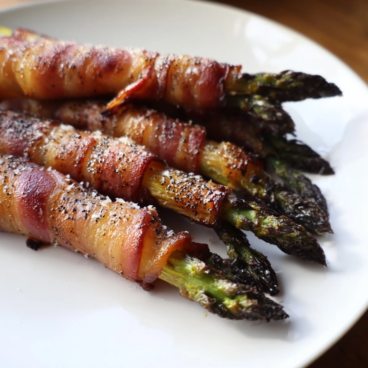 Crispy Beef Bacon Wrapped Asparagus Bundles roasted golden and served with a lemon wedge on a white plate.