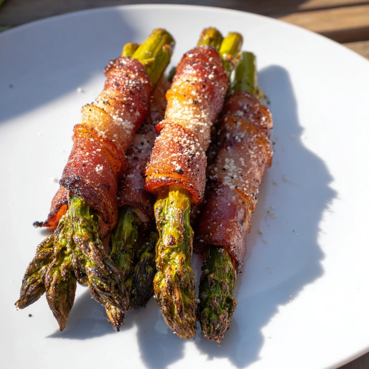 Close-up of Crispy Beef Bacon Wrapped Asparagus Bundles with smoky beef bacon and tender asparagus spears on a baking sheet.