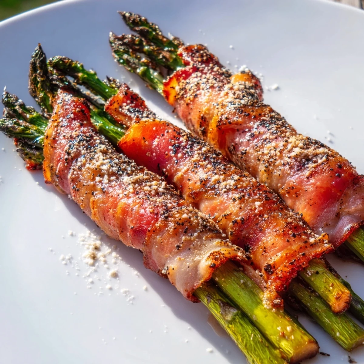 Six bundles of Crispy Beef Bacon Wrapped Asparagus Bundles arranged on a rustic wooden board beside fresh herbs.