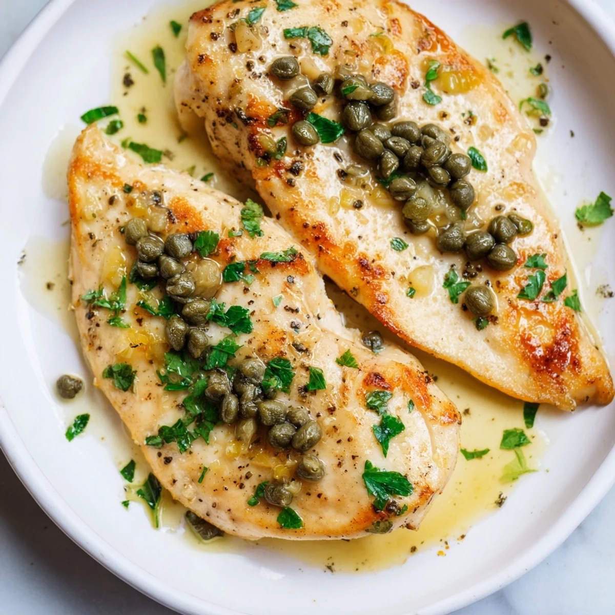 Tender chicken piccata with capers and lemon juice, drizzled in a bright, buttery sauce on a white dinner plate.