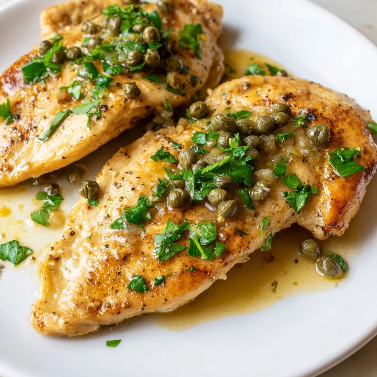 Close-up of chicken piccata with capers and lemon juice, showing sautéed chicken cutlets in a zesty, bubbling sauce.