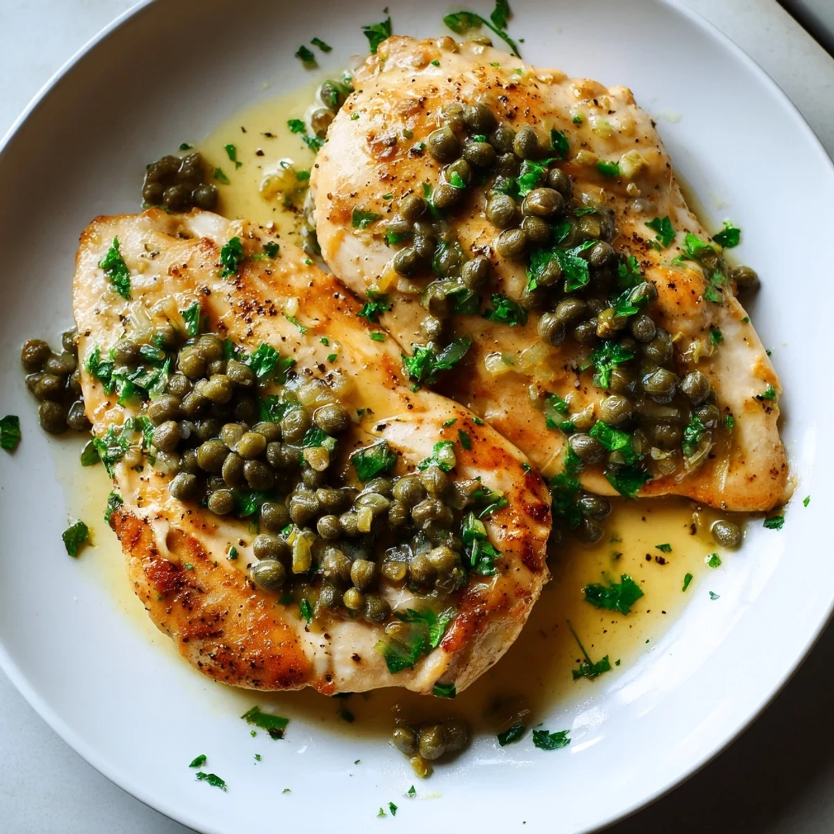 Golden-brown chicken piccata with capers and lemon juice, served over a bed of pasta with fresh parsley garnish.