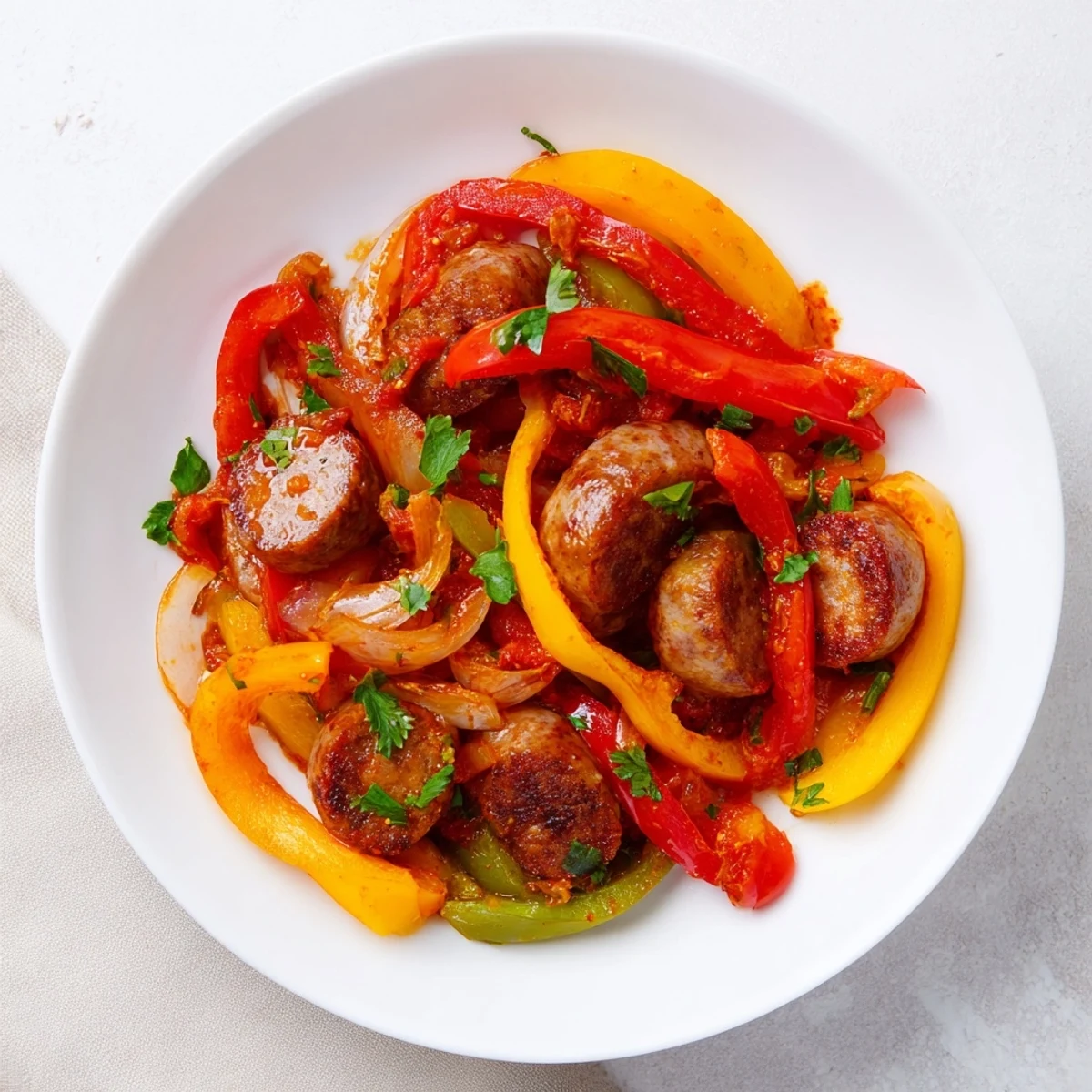 Sizzling skillet of Beef Sausage and Pepper Skillet featuring savory beef sausage slices with tender bell peppers and onions.