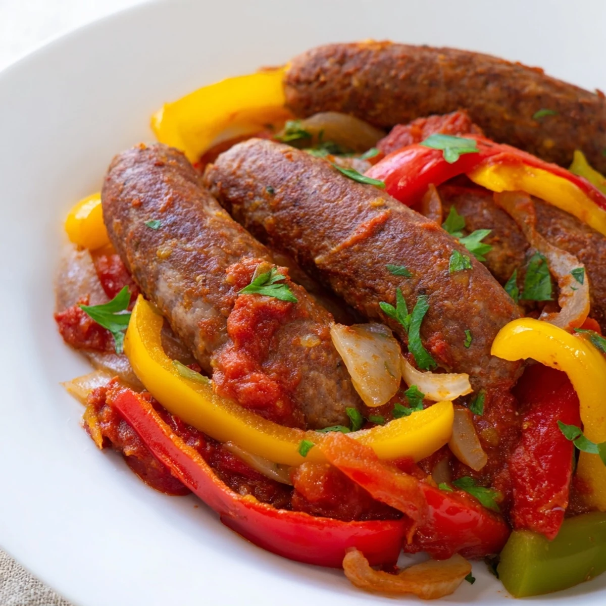 Beef Sausage and Pepper Skillet served hot over steamed rice, garnished with fresh parsley and ready to eat.