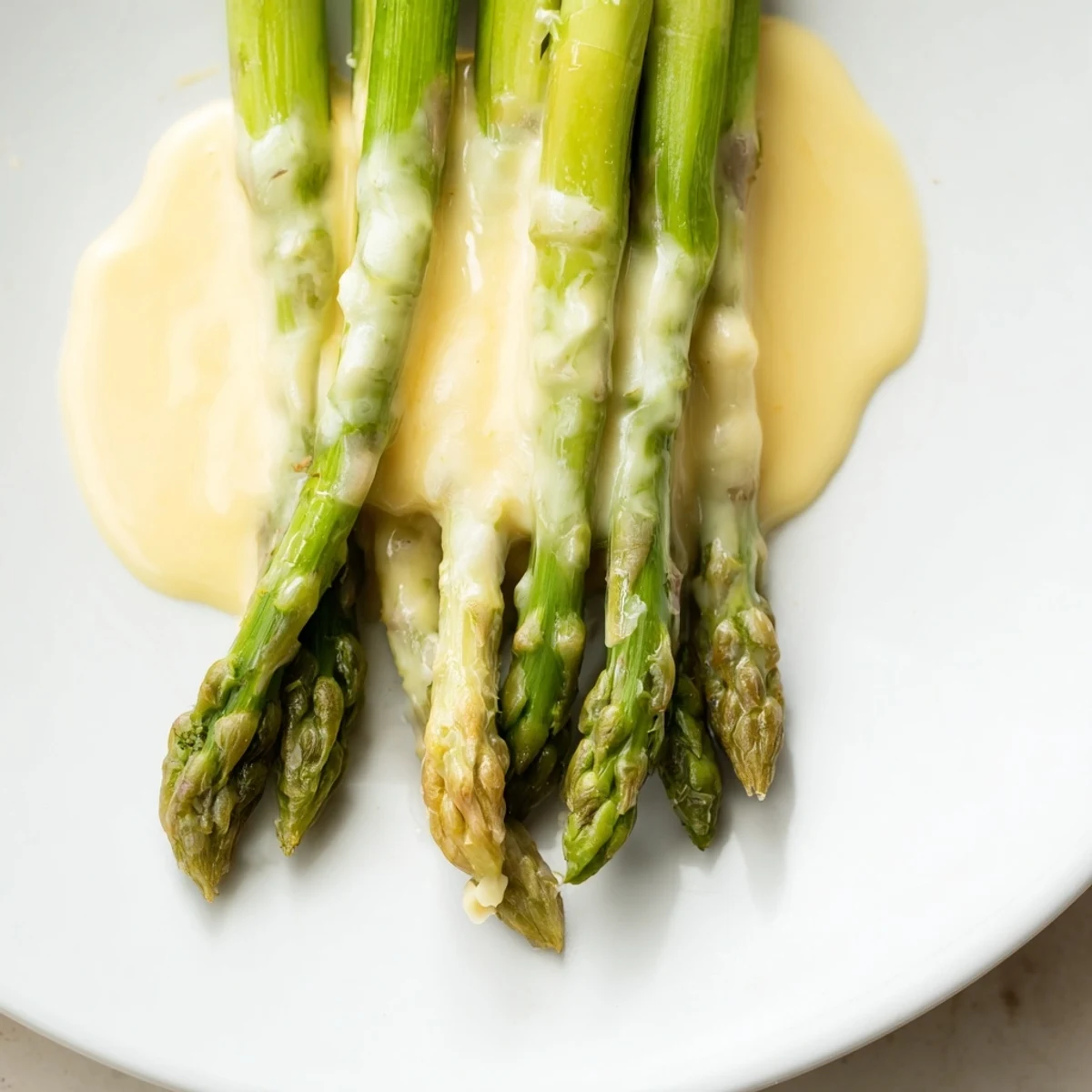 Golden roasted asparagus with hollandaise sauce glistening on a platter, ready to serve for a spring dinner.
