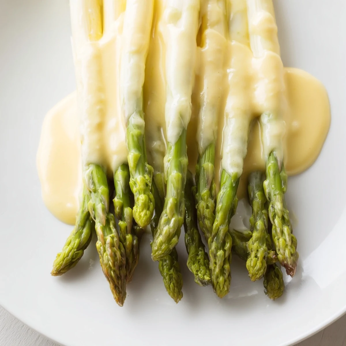 Fresh roasted asparagus topped with creamy hollandaise sauce, garnished with chives on a white plate.