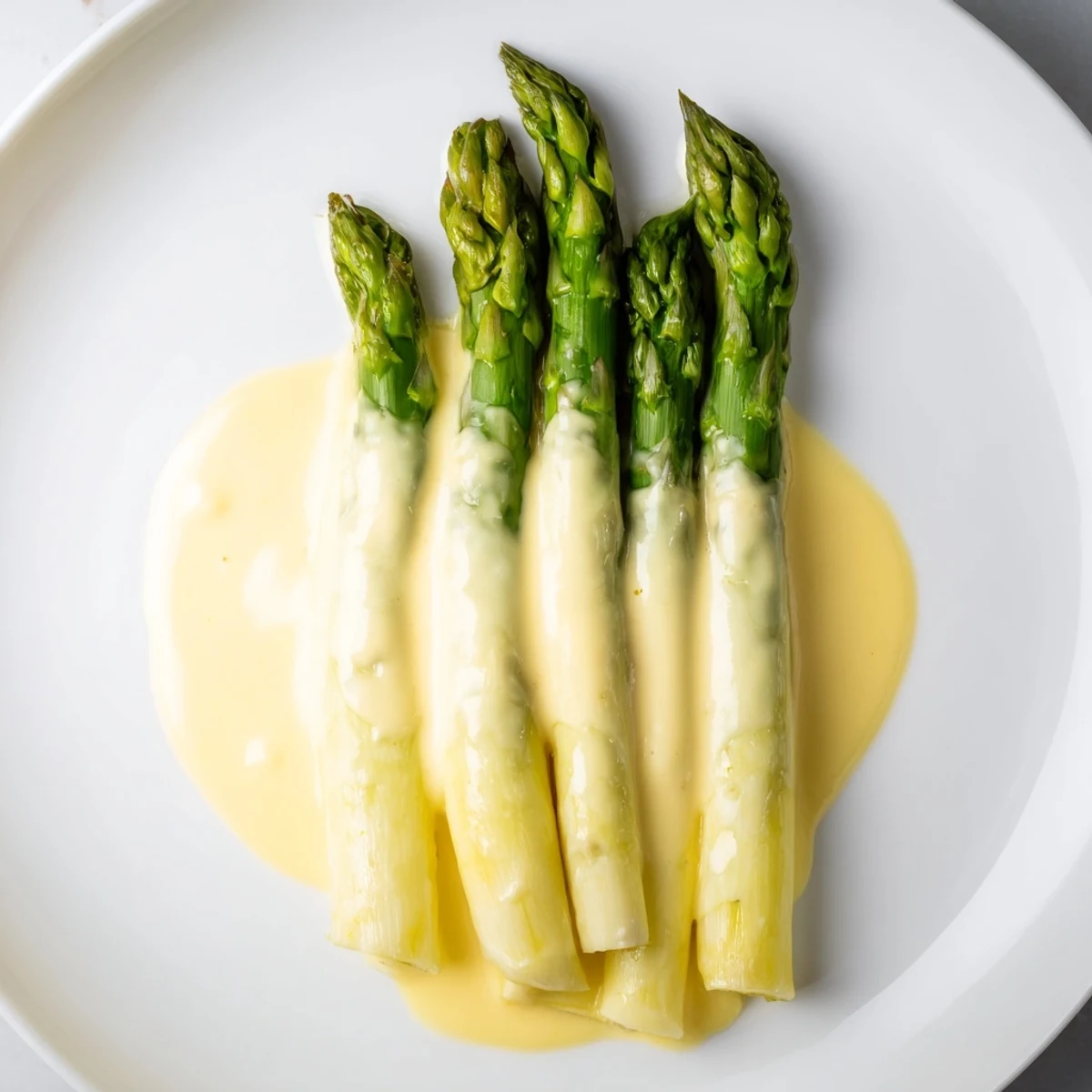 Roasted asparagus with hollandaise sauce presented elegantly, perfect for a classic French side dish.