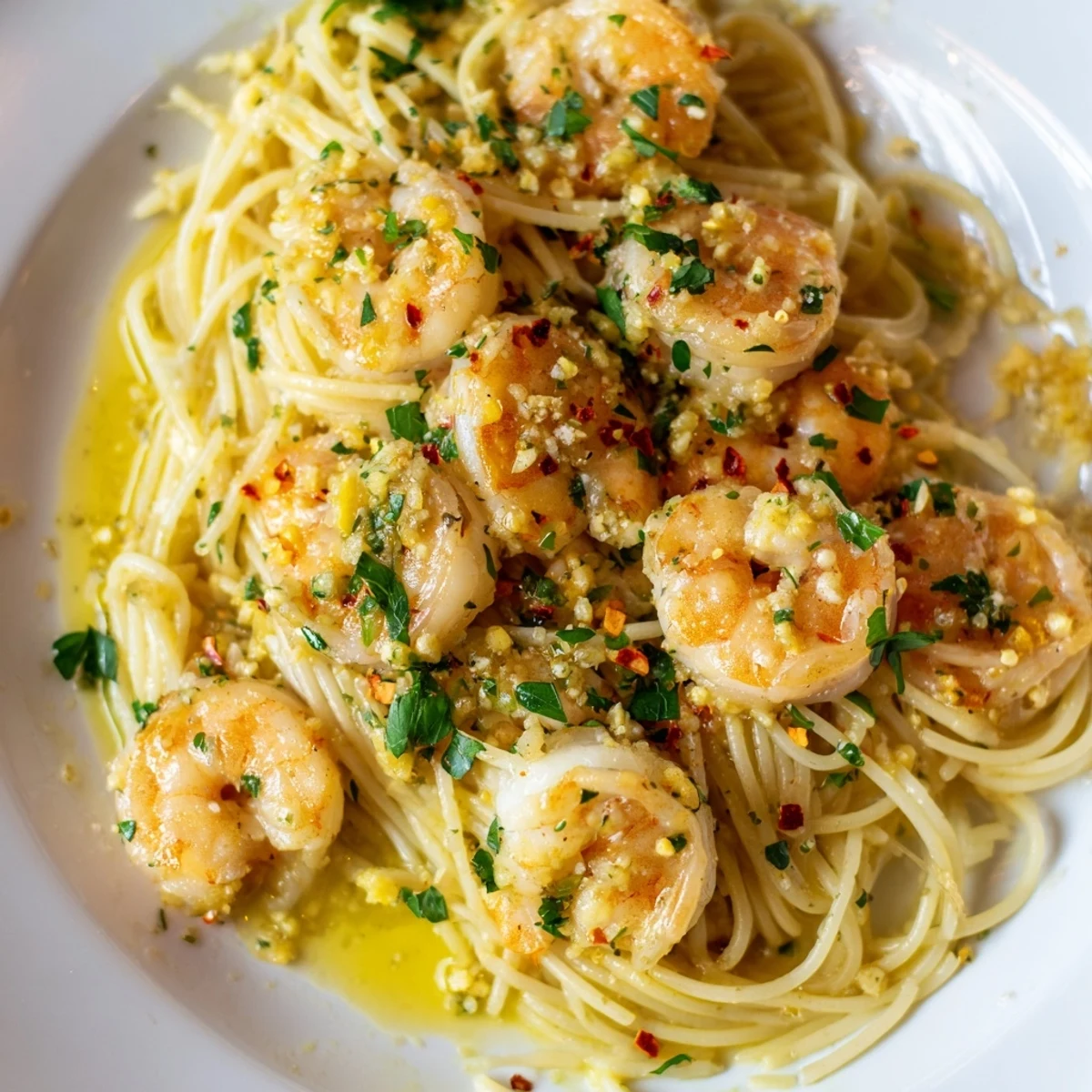 Tender shrimp sizzling in a skillet with garlic and butter, tossed with angel hair pasta and a squeeze of lemon.