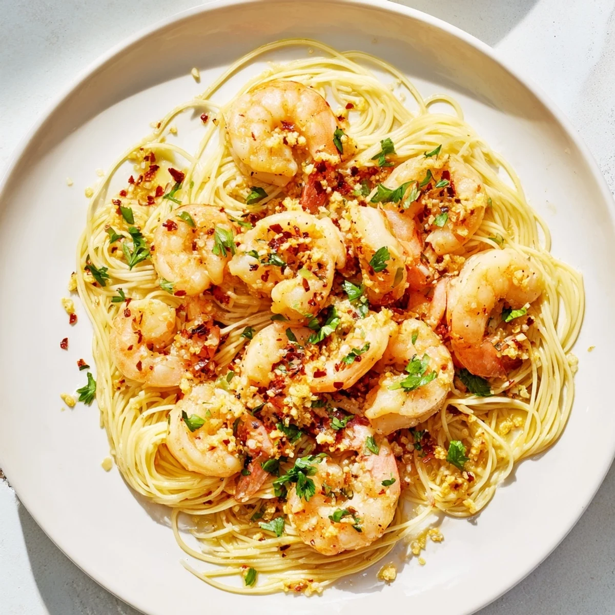 Freshly cooked angel hair pasta coated in a bright lemon garlic butter sauce with succulent shrimp and parsley.