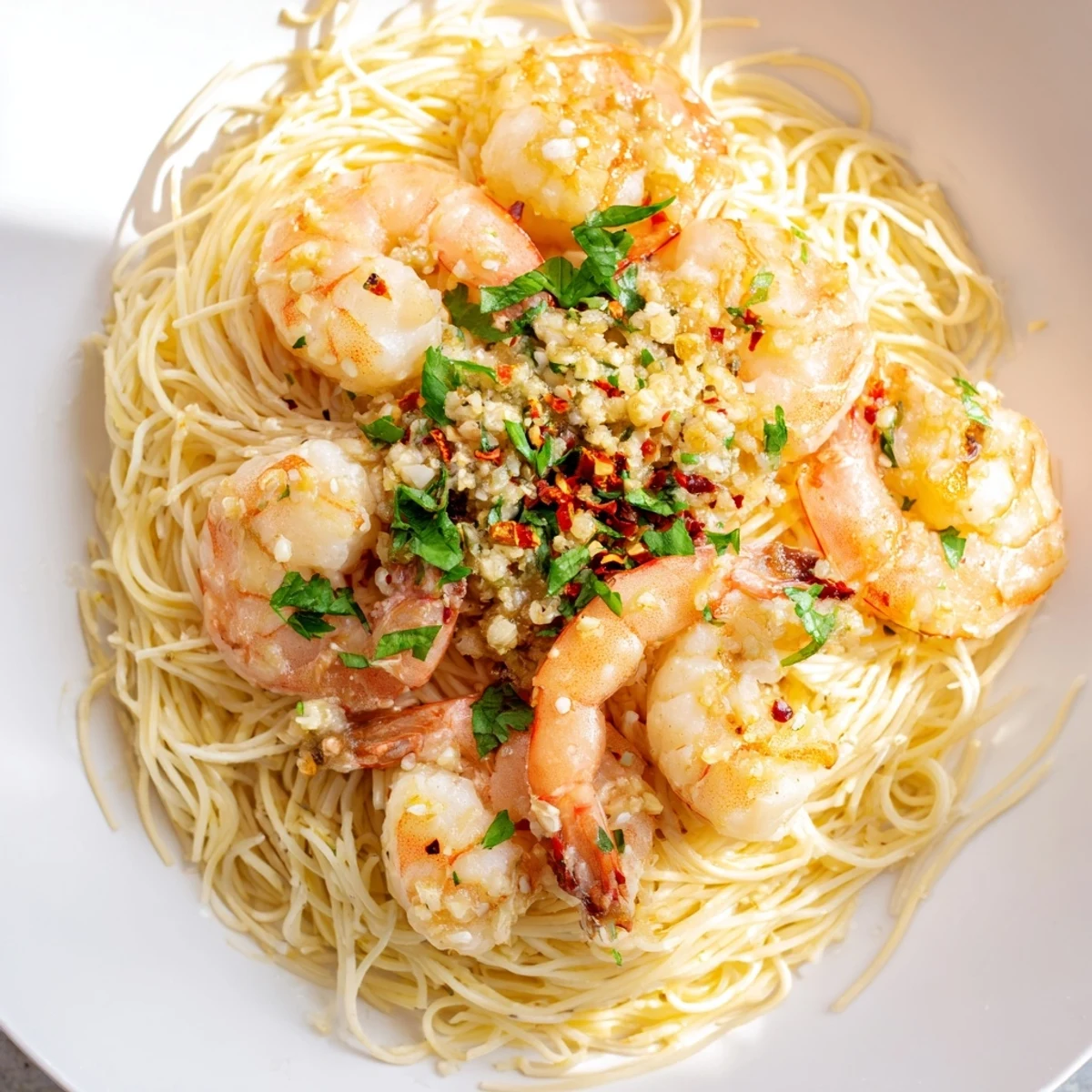 Plated Lemon Garlic Butter Shrimp with Angel Hair Pasta, garnished with parsley and lemon wedges for a quick weeknight dinner.