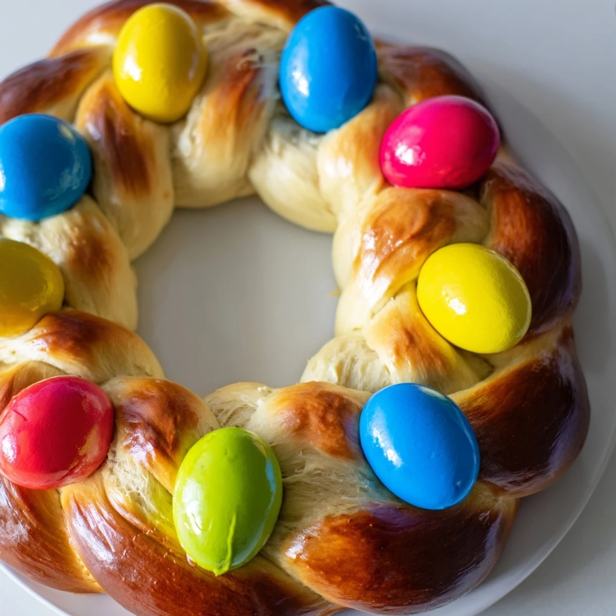 A close-up of golden-brown Easter Bread with Colored Eggs nestled in the braided dough, dusted with colored sprinkles.