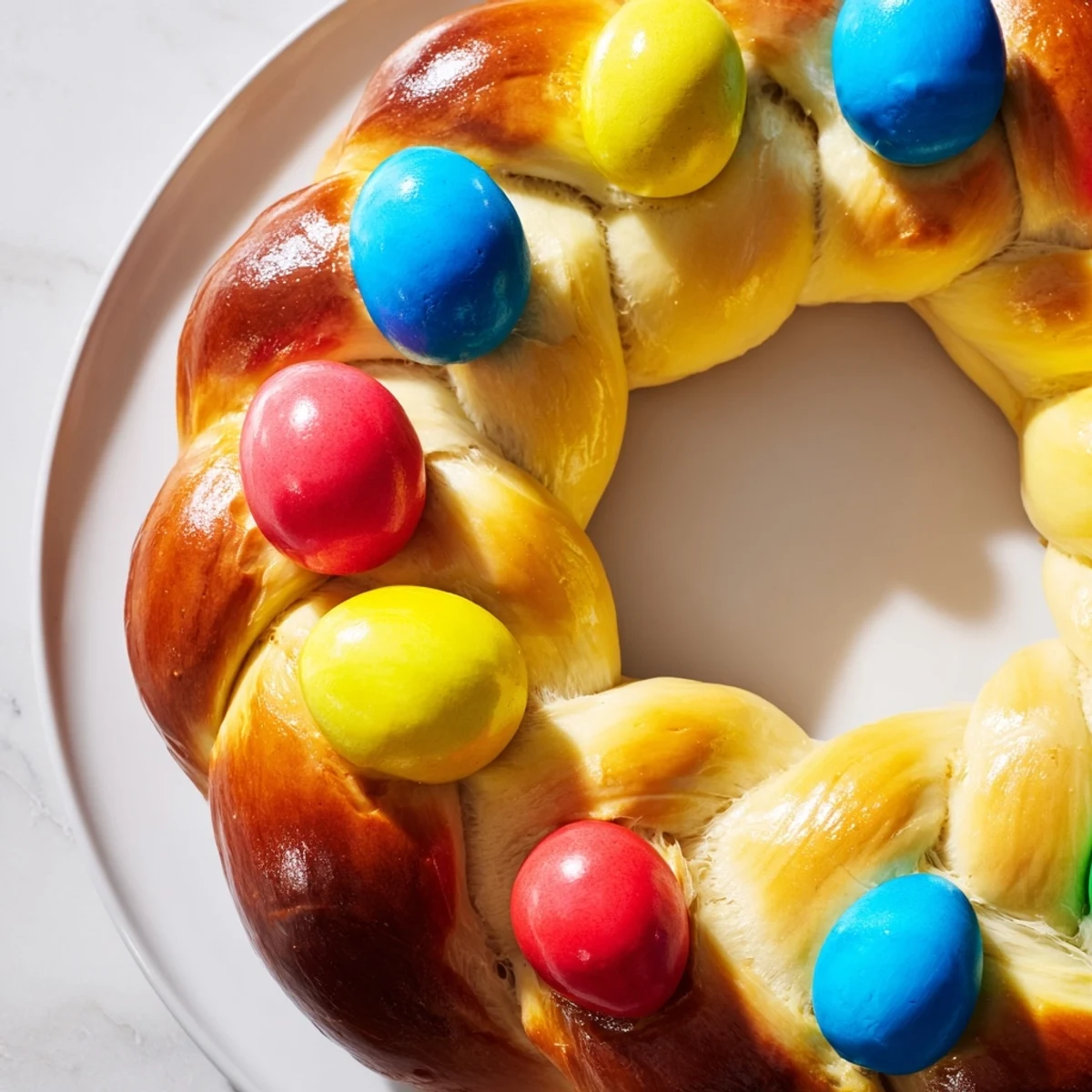 Easter Bread with Colored Eggs, freshly baked and sliced to reveal its soft, fluffy vanilla-scented interior on a marble board.