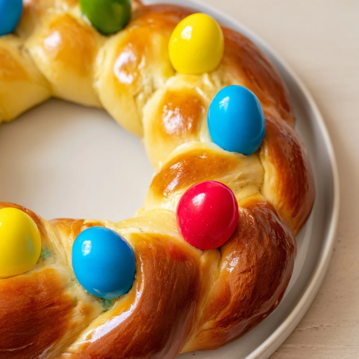 Festive Easter Bread with Colored Eggs displayed on a wooden table, surrounded by pastel decorations for a bright holiday brunch.