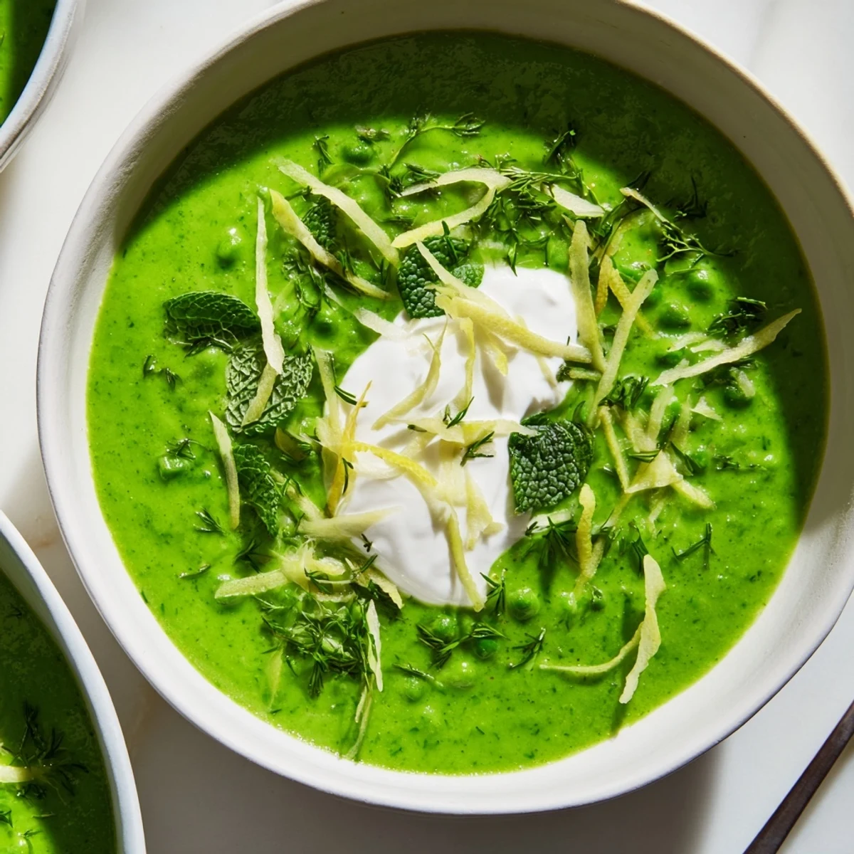 A close-up of Spring Pea Soup with Mint and Crème Fraîche in a rustic bowl, garnished with a fresh mint leaf and a swirl of cream.  