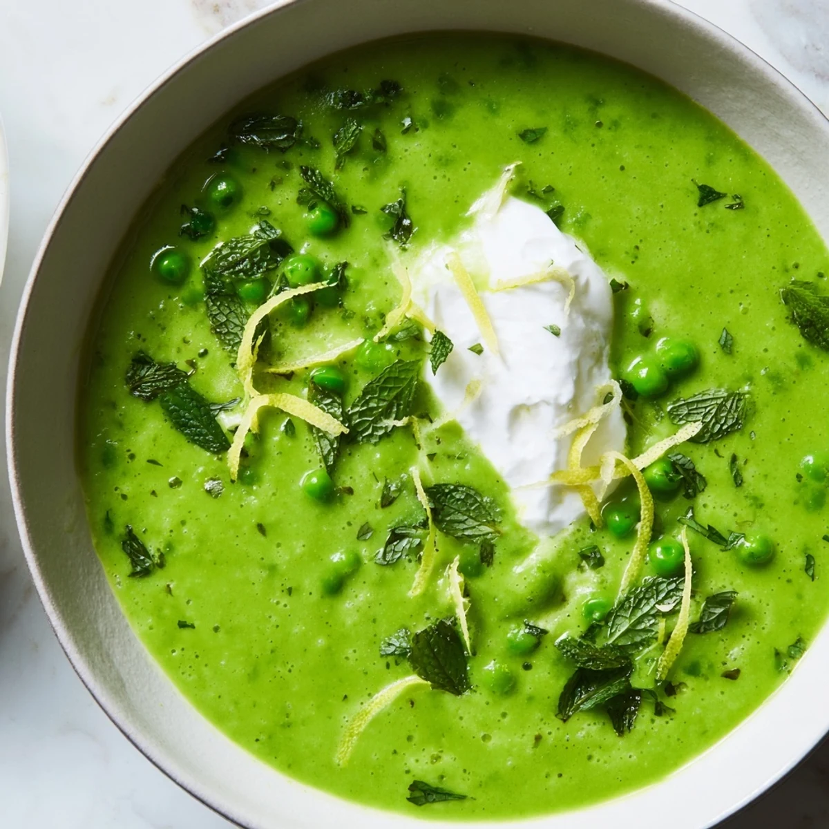 Overhead view of vibrant Spring Pea Soup with Mint and Crème Fraîche served in a white ceramic dish alongside crusty bread.  
