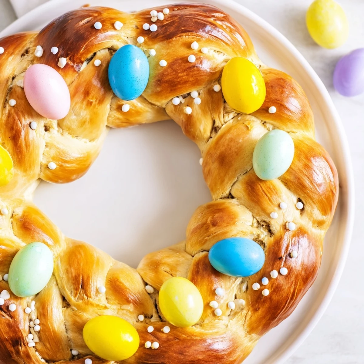 Beautifully braided Easter Bread Wreath with Colored Eggs, showcasing colorful dyed eggs nestled into the sweet, soft bread dough.